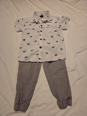 Little Rebels Boys 2 Pc Outfit Dinosaur Button-Up Shirt Gray Joggers Size 5